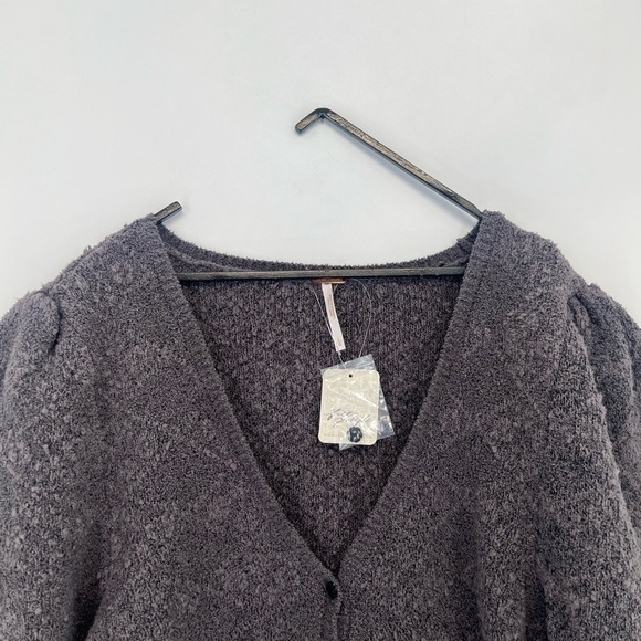 Free People Geo Structured Puff Sleeve Cropped Floral Cardi In Charcoal Grey - Picture 1 of 9